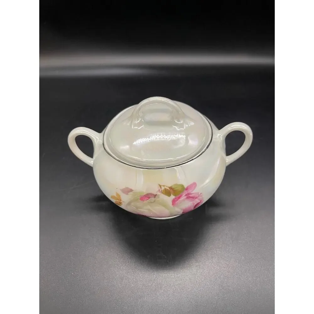 Vintage Iridescent German Sugar Bowl w/ Lid Floral Design Made in Germany